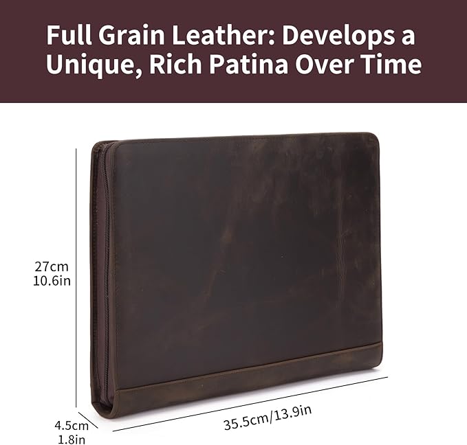 Genuine Leather Portfolio for Women and Men, 8.5 x 11 Legal Pad Padfolio, Zippered Notebook Organizer for 13” Laptop, Business Executive Professional Folio for Work, Dark Khaki