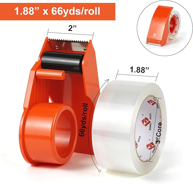 BOMEI PACK Heavy Duty Packing Tape with Dispenser 1.88'' x 66 YDs, Clear Box Tape for Packaging Shipping Moving Storage and Mailing, Strong Package Tape 6 Rolls + 1 Dispenser, Total 396 YDs