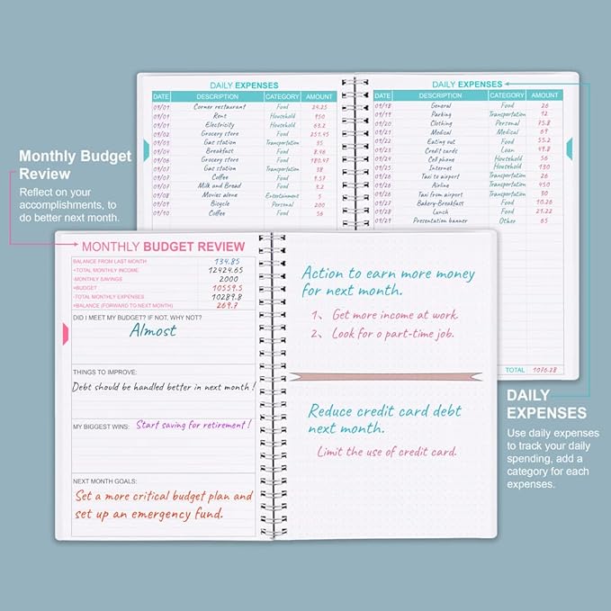 Budget Planner & Monthly Bill Organizer with Pockets. Expense Tracker Notebook, Budgeting Journal and Financial Planner Budget Book to Control Your Money, PP Cover, A5 – Blue Watercolor