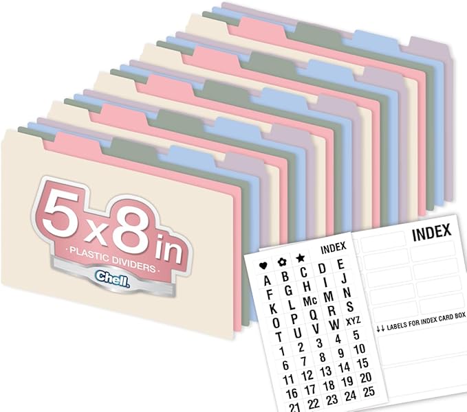 Chell 5x8 Plastic Index Card Dividers, Morandi Colors, Heavyweight Poly Index Card Guides A-Z, with Alphabetical/Blank Stickers, Pack of 25