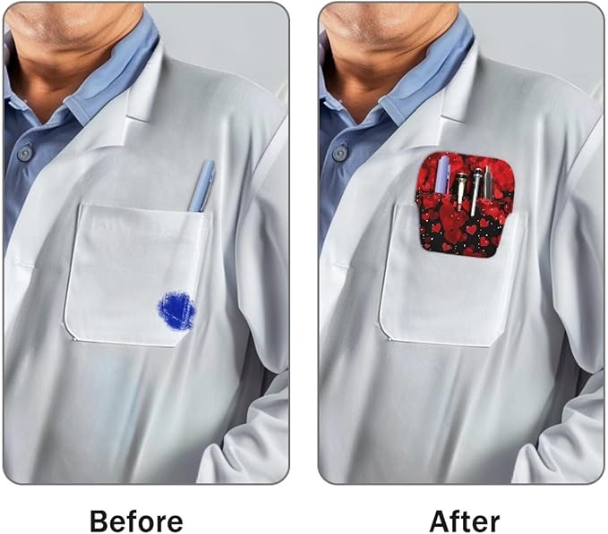 chaqlin Pocket Protector for Men Women, Red Hearts Print Leather Pen Protect Holder for Shirts, Lab Coats, Holds Pens, Pointers, Cards, Pocket Protectors