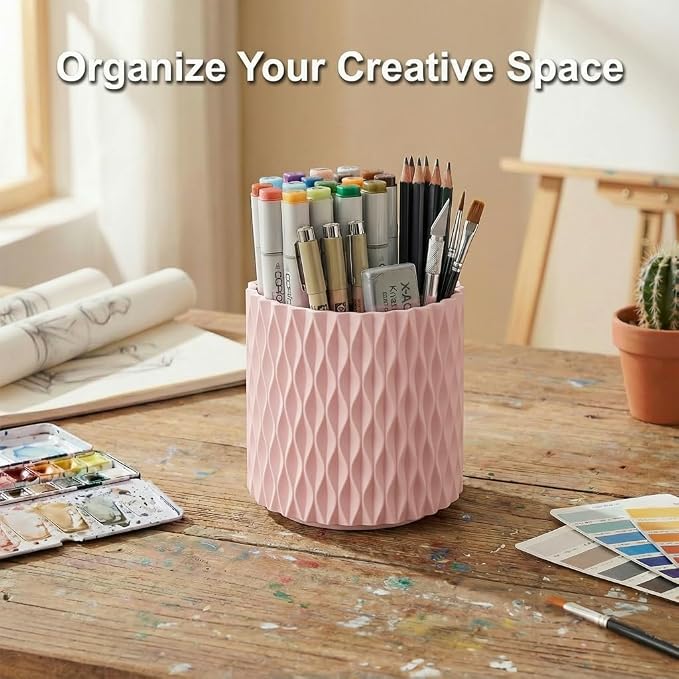Pink Pen Holder for Desk, 360° Rotating Pencil Holder with 5 Slots - Spinning Desk Organizer & Pencil Cup for Art Supply, Office Pen Organizer for Home, School, Desk Accessories