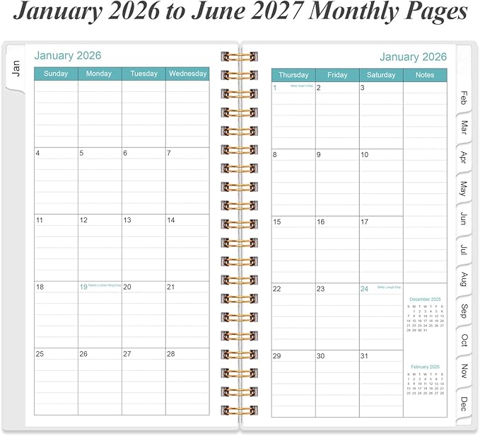 2026-2027 Monthly Planner - January 2026 - June 2027, Two Pages Per Month, 18 Monthly Calendar/Planner with Tabs, Strong Twin-Wire Binding, Inner Pocket, 3.75" x 6.5", Flowers