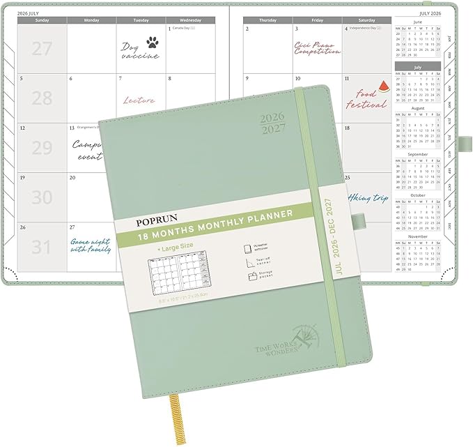 POPRUN Monthly Planner 2026-2027 (Large- 8.5" x 10.5" Soft Cover), 18-Month Calendar Book (Jul.2026-Dec.2027), Calendar Planner with Monthly Tabs & Pocket, 100 GSM Paper - Celadon Green
