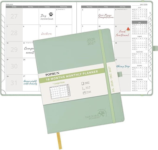 POPRUN Monthly Planner 2026-2027 (Large- 8.5" x 10.5" Soft Cover), 18-Month Calendar Book (Jul.2026-Dec.2027), Calendar Planner with Monthly Tabs & Pocket, 100 GSM Paper - Celadon Green