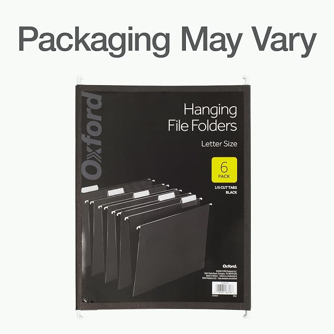 Oxford Hanging File Folders, 6 Pack, Letter Size (8.5" x 11"), Black, 1/5 Cut for 5 Tab Positions, Includes Tabs and Inserts, Hanging Files for Office and Document Organization