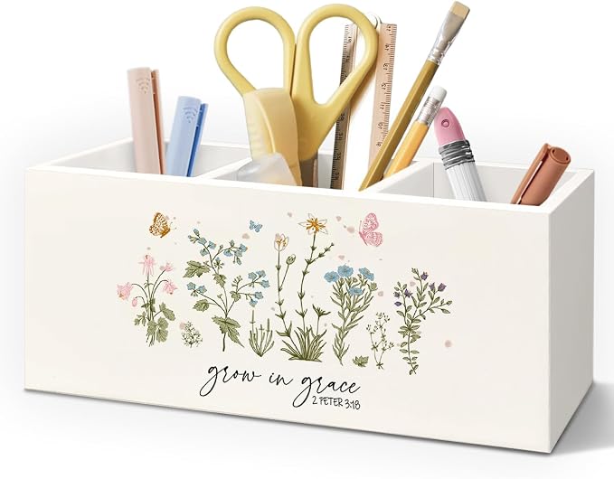 Floral Christian Wooden Pen Pencil Holder for Desk Accessories, Christian Gifts for Women, Grow in Grace Bible Verse Wildflowers Wood Makeup Brush Toothbrush Holder Organizer for Vanity Bathroom