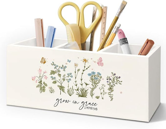 Floral Christian Wooden Pen Pencil Holder for Desk Accessories, Christian Gifts for Women, Grow in Grace Bible Verse Wildflowers Wood Makeup Brush Toothbrush Holder Organizer for Vanity Bathroom