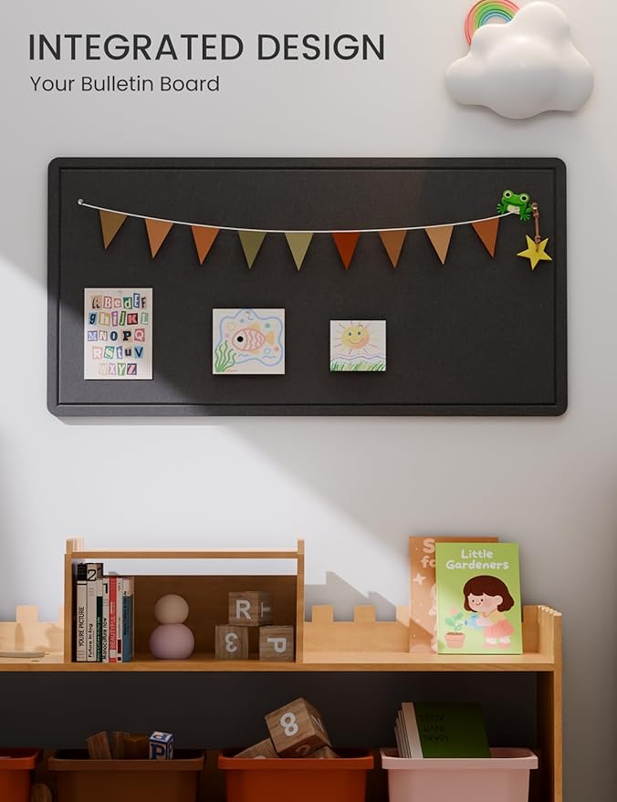 Fluxynara Bulletin Board, 35" x 17.5" Cork Board Alternative with 12 Safe Removable Adhesive Tabs, Foldable Felt Pin Board for Home Office, Classroom, Bedroom,Entryway for Walls—Black