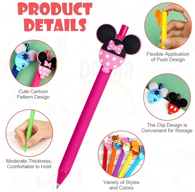 AUAUY 10PCS Cartoon Ballpoint Pens, Cute Mouse Head Character Ears Pens, Retractable Ballpoint Pen, Multi Color Jumbo Autograph Princess Pencil Signature Office Accessories for Teacher Student