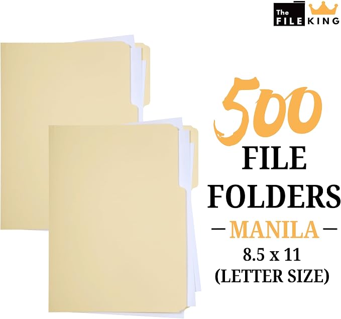 The File King 1/3 Cut File Folders Letter Size - 500 Bulk Pack | Manilla Folders 8.5 x 11 | USA Made | Assorted 3 Tab Color Manila File Folder | Heavy Duty Office Supplies | Basic Paper File Folder