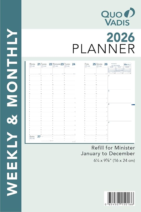 Quo Vadis 2026 Refill for Minister - Weekly/Monthly Planner - 12 Months, Jan. to Dec. - 6 1/4 x 9 3/8" - Time Management Appointment Organizer
