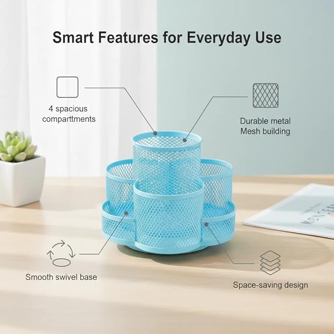 Grid Desktop Storage Box, 7-Compartment Individual Storage Boxes, Rotatable, Metal Material, 6.89 inches wide, 3.94 inches high (Blue)