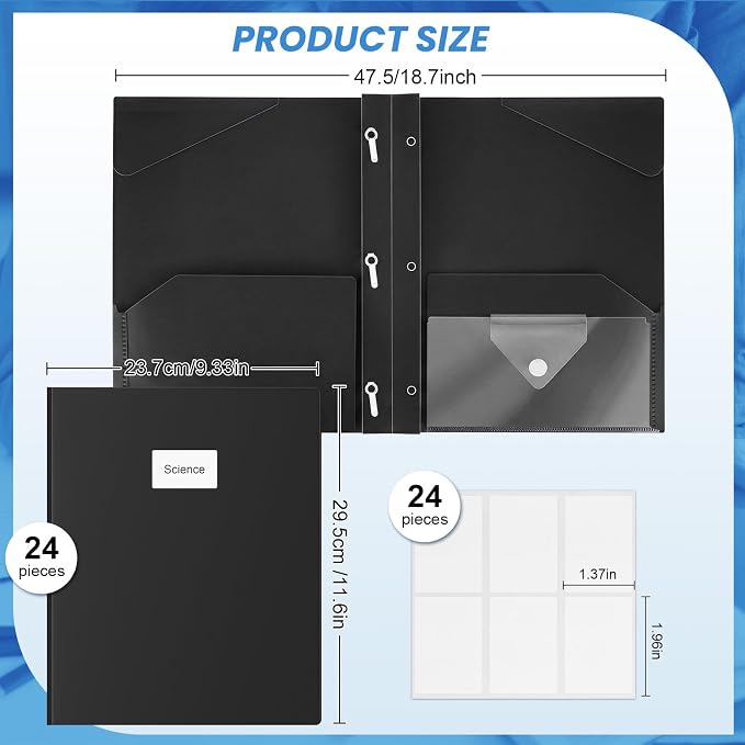 Kosiz 24 Pcs 2 Pocket Folders with Prongs, Paper Folders with 2 Pockets and 3 Prongs Fit Letter Size Paper, Back to School File Document Organizer for School Office Home Supplies (Black)