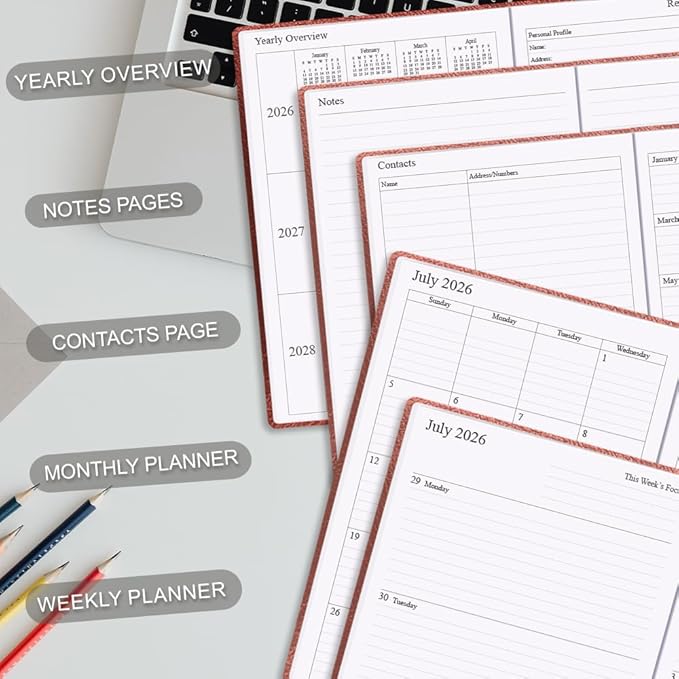 2026-2027 Planner - Weekly & Monthly Planner Runs from July 2026 to Dec 2027, 5.8" x 8.25", 18 Month Planners, 14 Notes Pages, Inner Pocket, PU Leather Hard Cover, Brown Monthly Planners 2026-2027