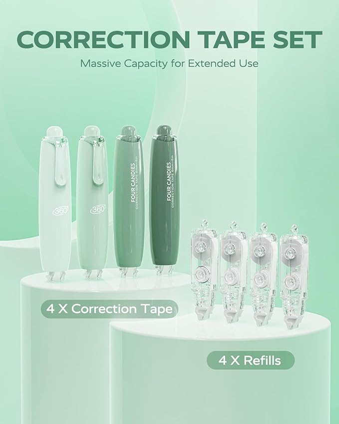 Four Candies Refillable Retractable White Correction Tape, 4PCS Smooth White Pull-Out Tape with 4 Extra Refills, Easy to Use Applicator for Instant Corrections for Office, School Supplies (Green)