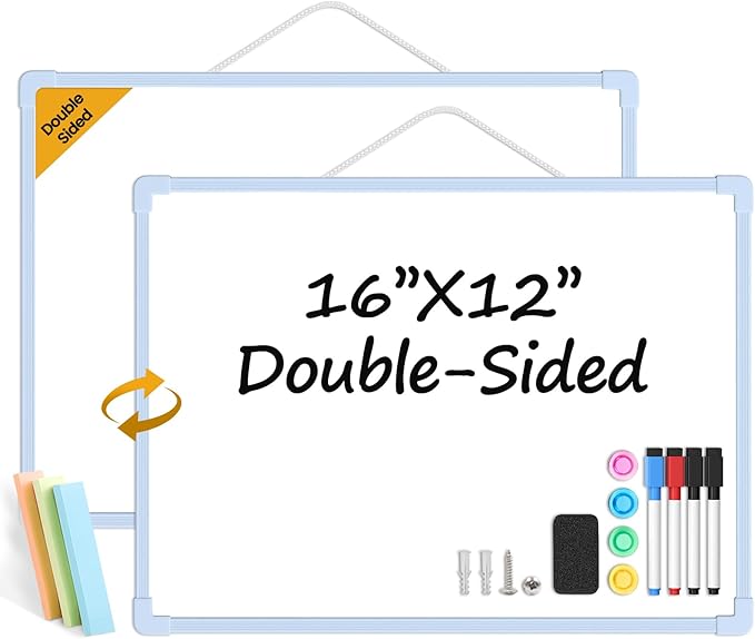Blue Frame Small Dry Erase Board for Wall, 16" x 12" Double-Sided Hanging Whiteboard with 4 Markers, 4 Magnets and 3 Mini Sticky Notes, Portable Whiteboard for Home, Office, School
