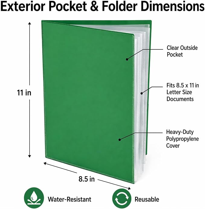 Ultra PRO - 50 Pack Green Heavy Duty 2-Pocket Folders with 6 Clear Internal Pages, Waterproof Poly Project Organizer for School and Office, Fits 8.5 x 11 Letter Size, Customizable Clear Covers
