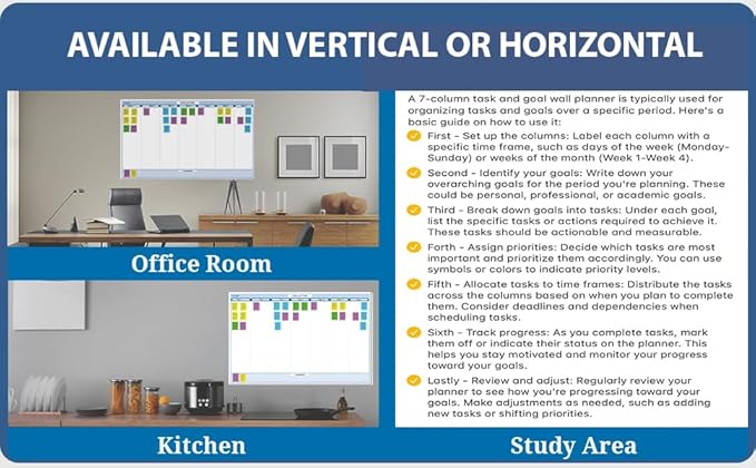Sky Blue 7-Column Task, Goals & Objective Wall Horizontal Organizer 24" x 36". Complete with Marker
