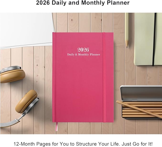 2026 Daily & Monthly Planner - 2026 Daily Planner One Page Per Day from January 2026 to December 2026, 5.8" x 8.3" Hourly Appointment Book Perfect Organizer Daily Life, Fabric Cover, Pink