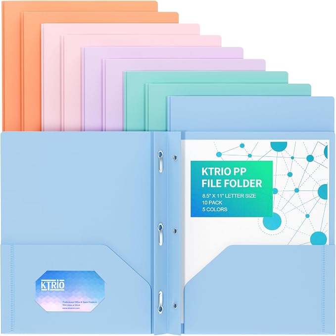 KTRIO 10 Pack Plastic Pocket Folders, 3 Prong, Letter Size, 5 Pastel Colors | 3 Prong Fasteners, 2 Pocket Storage, Business Card Slot, Water-Resistant PP, School Office Use
