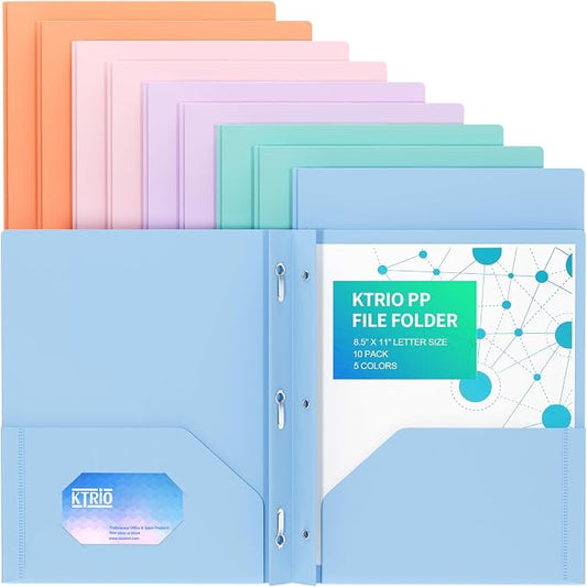 KTRIO 10 Pack Plastic Pocket Folders, 3 Prong, Letter Size, 5 Pastel Colors | 3 Prong Fasteners, 2 Pocket Storage, Business Card Slot, Water-Resistant PP, School Office Use