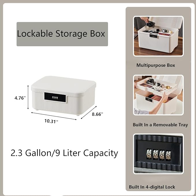 Small Lockable Storage Container Bin 2.3 Gallon/9 Liter Plastic Lock Box Versatile Organizer with Changeable Lock for Outdoor Travel Home Office School, Milk White