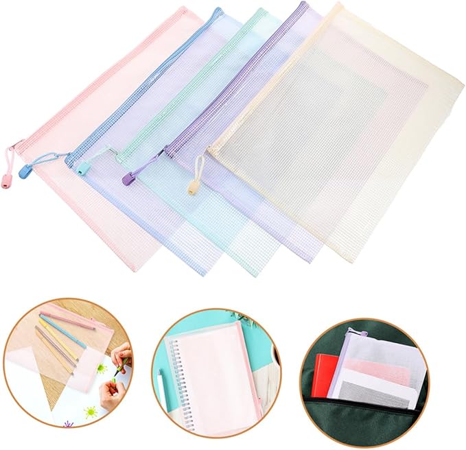 STOBOK Mesh Zipper Pouch Bags 5-Pack 9.25X4.40X0.07In Document Storage Organizer with Rope Ring for Office School Supplies