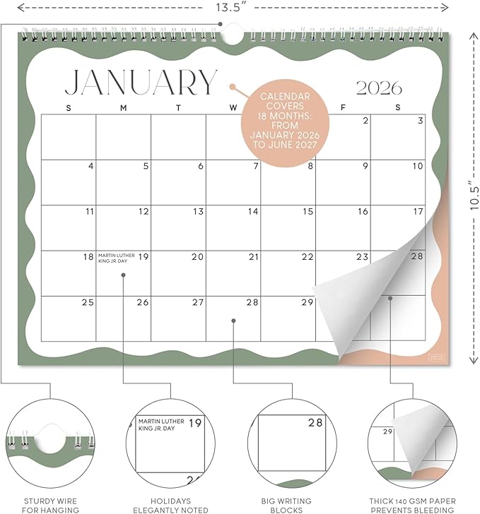 S&O Soft Seasons Wall Calendar from January 2026-June 2027 - Tear-Off Monthly Calendar - 18 Month Academic Wall Planner - Hanging Organizer to Track Anniversaries & Appointments - 13.5"x10.5”in