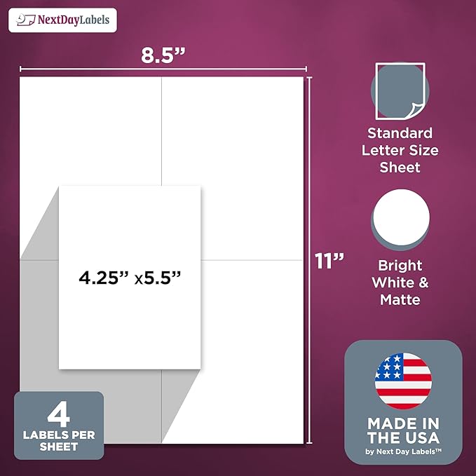 NextDayLabels 4.25x5.5 Inch Rectangle Stickers White Blank Labels for Laser Inkjet Printer - 4 Per Sheet Self-Adhesive Shipping Mailing Address Made in USA - 4000 Labels