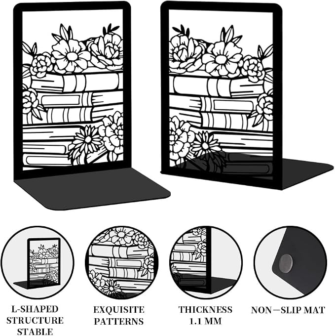 Flowers and Books Thickening Iron Metal Bookends for Shelves, Literary Flavor Book Ends Decorative Books for Home and Office Book Display, Desk Organizer Bookend for Library Decor