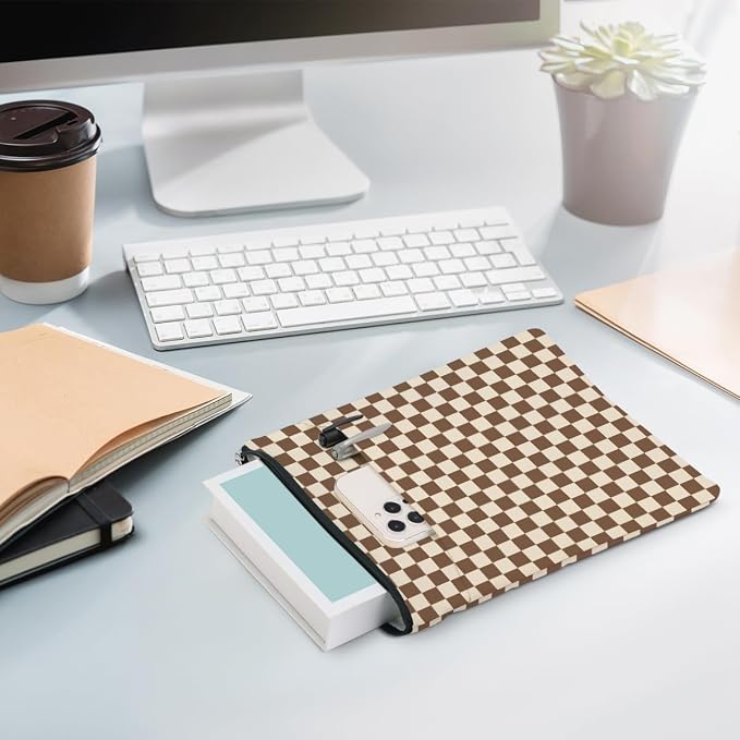 Brown Plaid Book Lovers Gifts Book Sleeve Vintage Checkered Waterproof Book Cover Book Pouch Book Protector with Front Pocket Book Club Christmas Birthday Gifts for Women Girl Reader Book Accessories