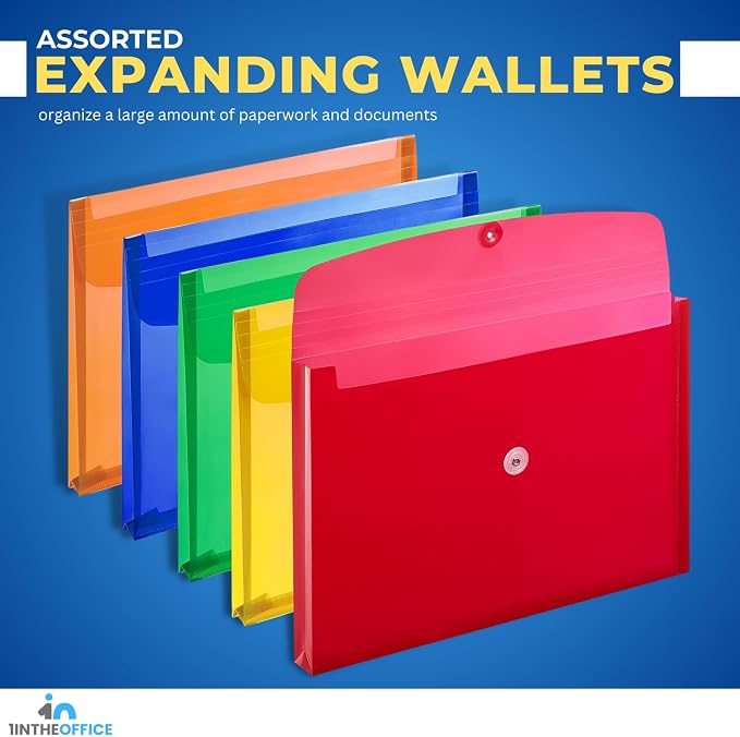 1InTheOffice Poly Envelopes Button & String Closure, Expanding Wallet, Legal Size, Assorted Colors, 10/Pack