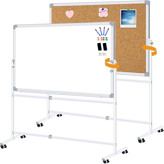 Max-officoo Double-Sided Whiteboard and Corkboard with Rolling Stand 36"x24" Mobile Magnetic Dry Erase Board on Wheels, Adjustable Height & Angle Standing Boards for Office, School, Home