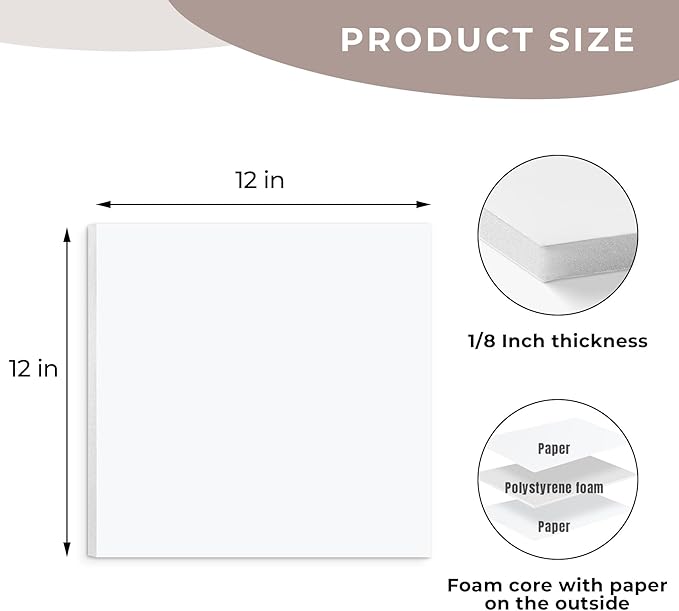 AUEAR, 12 Pack 12x12 White Foam Boards 1/8" Thickness Foam Core Boards for Presentation Board for School Crafts Office Art Projects Display, Mounting, Print