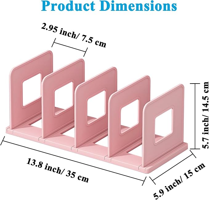 SAYEEC Desk File Sorter Vertical Desktop File Folder Organizer 4 Section Plastic Book Holder Adjustable Shelf Dividers Closet Purse Handbag Mail Binder Organizer Magazine Rack Stand Bookshelf (Pink)