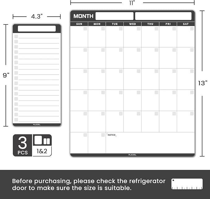 ALEZEL Dry Erase Calendar for Fridge Magnetic, Refrigerator Calendar Whiteboard Set - Vertical Dry Erase Refrigerator Calendar Planner with 2 List Boards, 4 Markers + Eraser