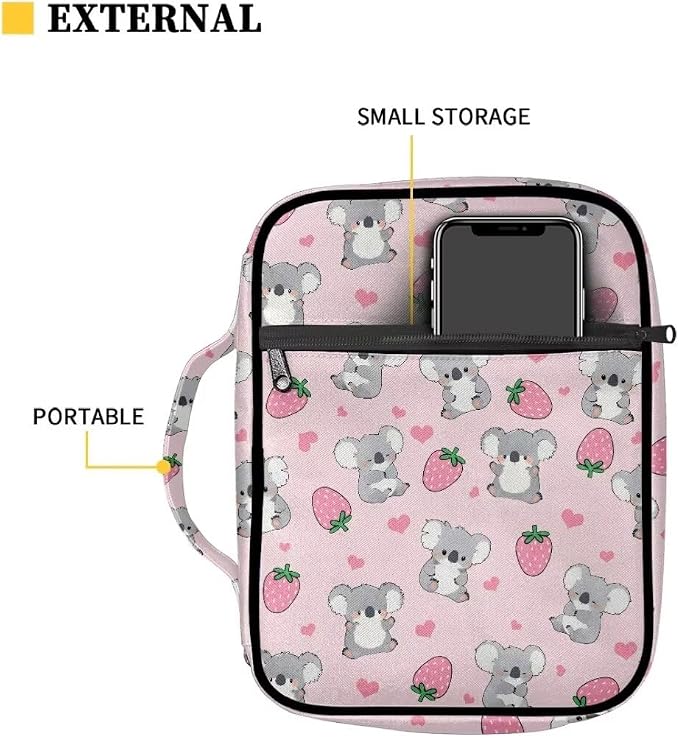 Coldinair Koala Bible Cover for Women Teens Kid Girls,Strawberry Carrying Book Case Church Bag Bible Holder with Handle and Zippered Pocket,Pink