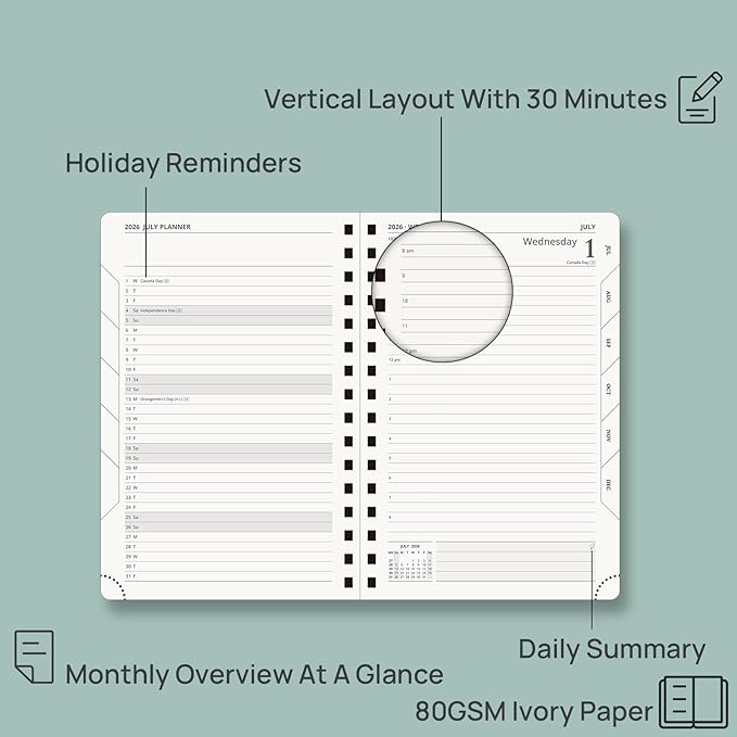 POPRUN 2026-2027 Daily Planner One Page Per Day, 5.75" x 8.5", Academic Daily Calendar Book with July 2026 to June 2027, Hardcover Appointment Book with Hourly Time Slots, Spiral Bound, Monthly Tabs - Black
