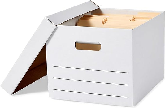 Amazon Basics Medium Duty Storage/Filing Boxes with Lid and Handles, Legal/Letter Size, Collapsible, Foldable, Tape-Free Assembly, 16.2" L x 12.5" W x 10.5" H, White, 12-Pack