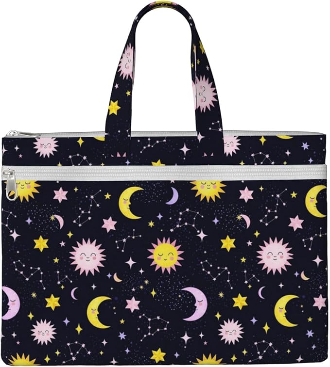Lightweight Canvas Zippered File Bag Space Galaxy Constellation Sun Moon Stars Pattern, Waterproof Document Pouch with Handle for Office Business Travel