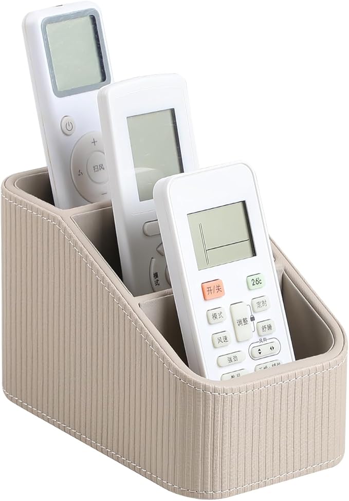 Remote Control Holder, PU Leather Nightstand Organizer Bedside Caddy with 3 Compartments, Small Desk Organizer for Remote/Pen/Glasses/Phone (Beige)