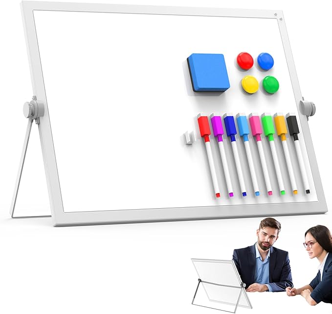 Dry Erase White Board, 16" x 12" Magnetic Desktop Whiteboard with Stand, Dry Eease Board Mini Easel Double Sided on Table Top with Holder for Kids Drawing, Teacher Instruction