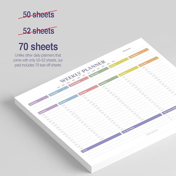 Weekly Planner Notepad, 8.5 x 11" Tear-Off Pad – 70 Undated Sheets, Daily Schedule Deck Organizer with Priorities, To Do List & Checklist for School, Work, Home (White, Colorful, 1 Pack)