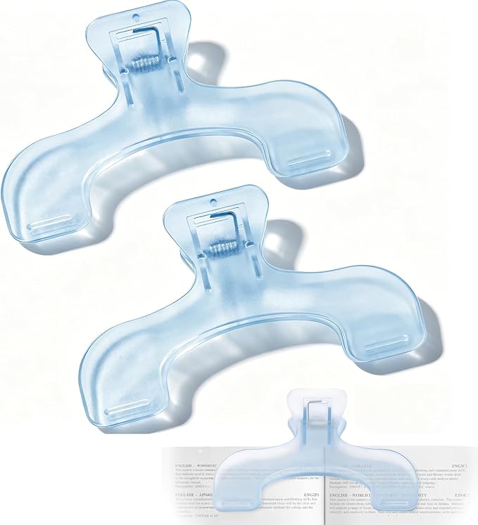 Strong Book Clip 2Pcs Transparent Blue Book Page Holder Clips，Portable Journal Clips to Hold Open，Multifunctional Practical Bookmarks Reading Book Page Holders for Cookbooks, Music Sheets, Documents