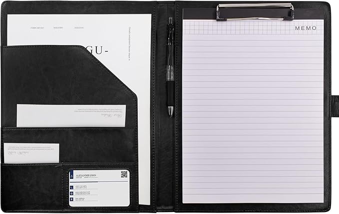 VANRA Padfolio Clipboard Folder Leather Portfolio Binder Organizer Interview Resume Folder for Papers Legal Document A4 Letter Size Writing Pad Notepad Clip Boards with Business Card Holder (Black)