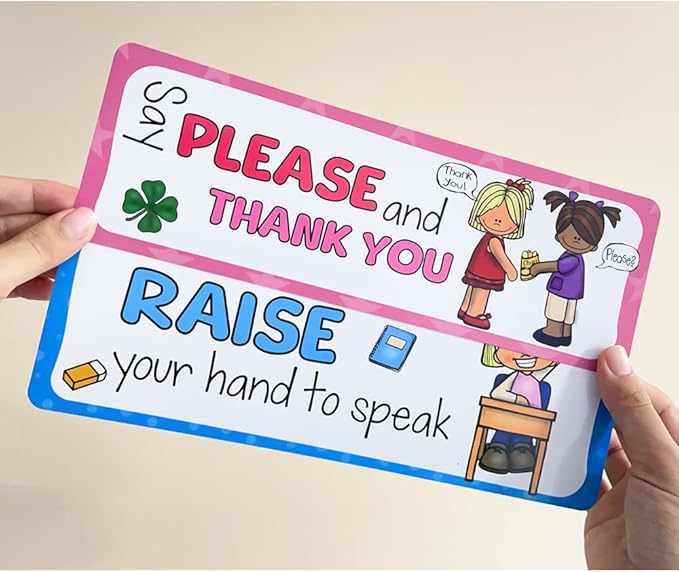 Lachilly 16Pcs Classroom Rules Cards, Class Interactive Social Distancing, Subject Titles for Bulletin Board Boarder Headliners, Classroom Decoration, Social Cognitive Card Teaching Aids 10.4x3.4 inch