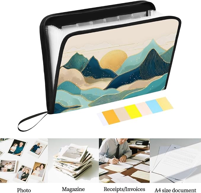 WEBEEDY Boho Mountains Expanding File Folder Bohemia Sunset 13 Pockets Accordion File Organizer with Labels and Zipper Portable Accordion Folder Document Organiser for A4 Paper Photo Receipt Paperwork