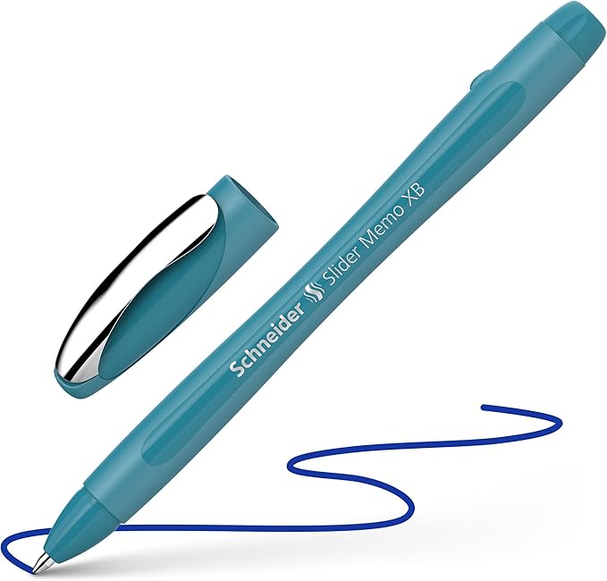 Schneider Slider Memo XB Ballpoint Pen (Colour Edition with Cap, Line Width: XB) Pack of 10, Case Colour: Teal, Ink Colour: Blue