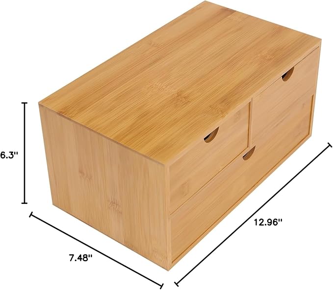 Bamboo Desk Organizer With 3 Drawers, 3 Drawers Counter Storage Countertop Drawers Box,Modern Tabletop Organizer No Assembly Required For Office Supplies, Home, Makeup And Toiletries